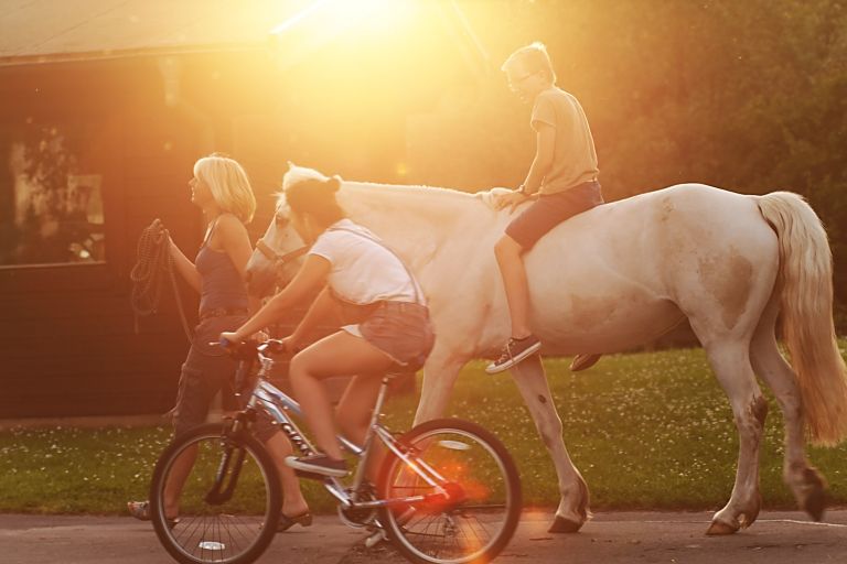 Reiten_Abend Schüler, Schülerin und Lehrerin aus dem Sportinternat Steinmühle reiten auf dem Reitgelände der Schule in Marburg, Hessen