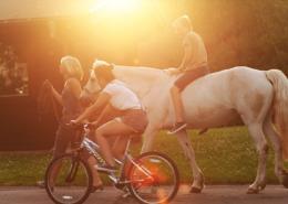 Schüler, Schülerin und Lehrerin aus dem Sportinternat Steinmühle reiten auf dem Reitgelände der Schule in Marburg, Hessen